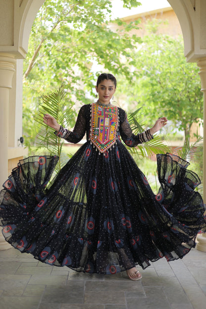 Faux Georgette Printed Stitched Gown In Black Colour