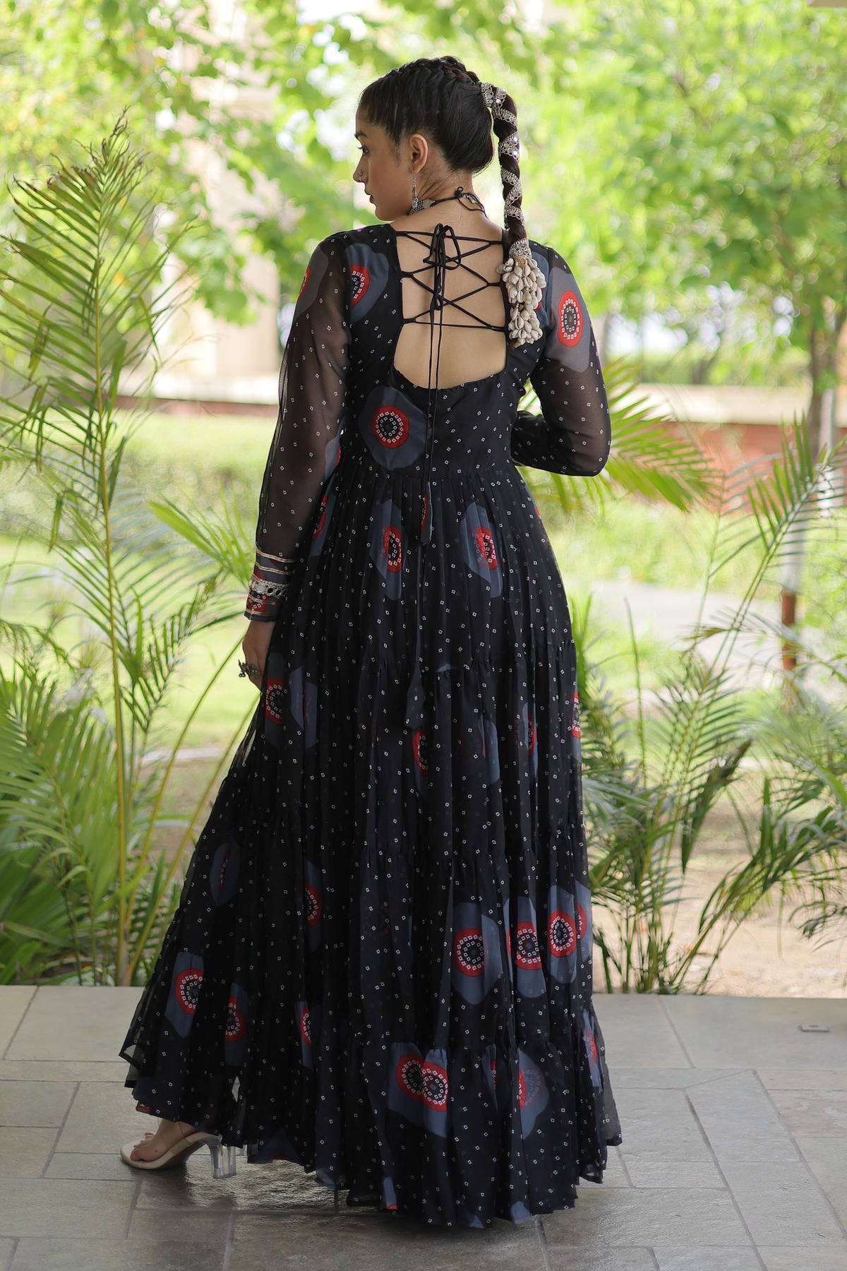 Faux Georgette Printed Stitched Gown In Black Colour