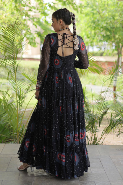 Faux Georgette Printed Stitched Gown In Black Colour