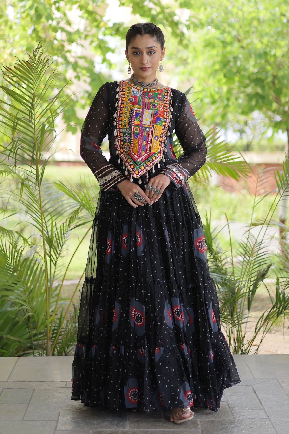 Faux Georgette Printed Stitched Gown In Black Colour