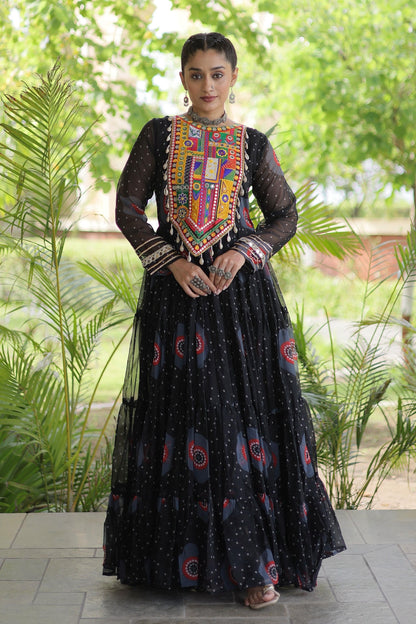 Faux Georgette Printed Stitched Gown In Black Colour