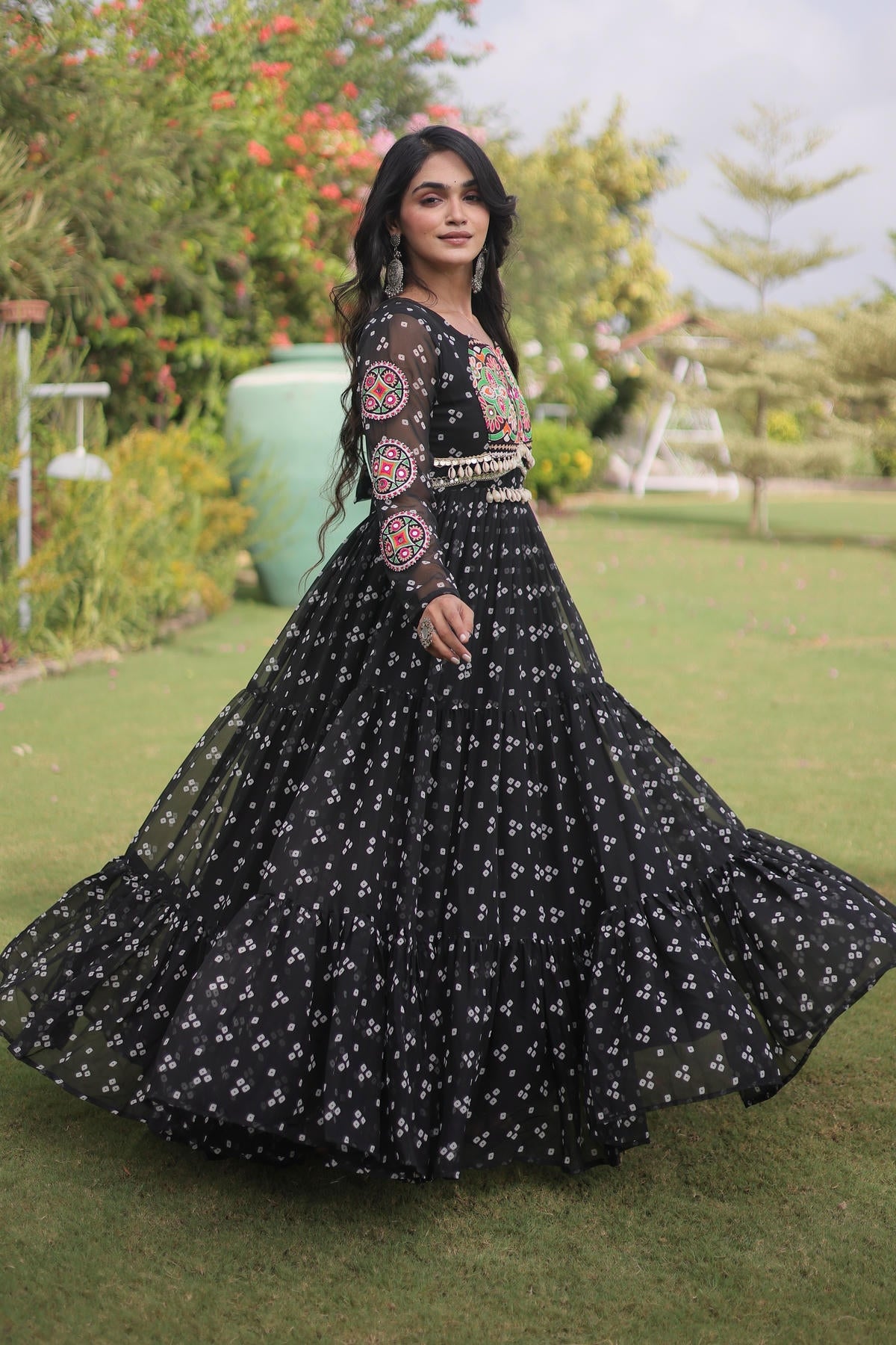 Faux Georgette Printed Stitched Gown In Black Colour