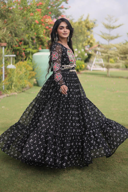 Faux Georgette Printed Stitched Gown In Black Colour