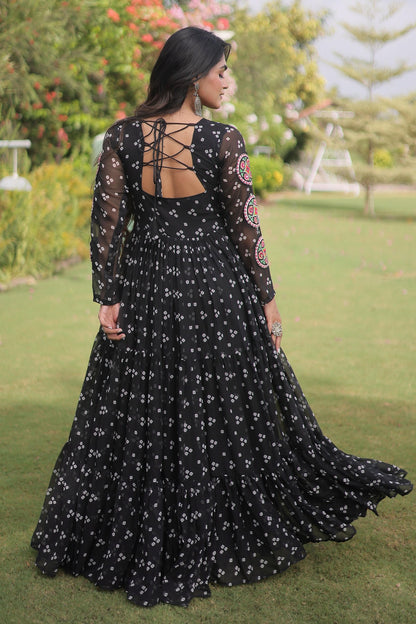 Faux Georgette Printed Stitched Gown In Black Colour