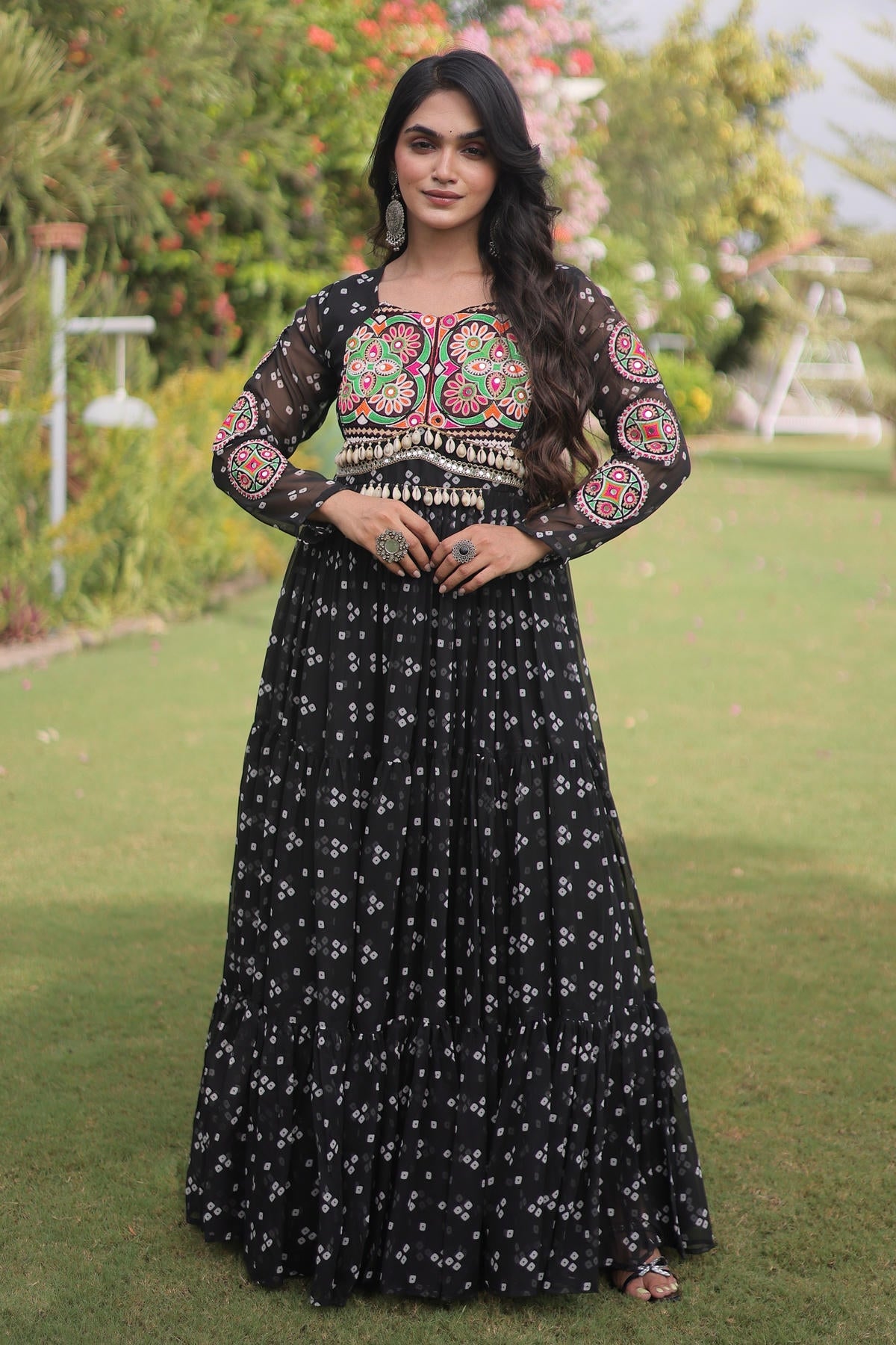 Faux Georgette Printed Stitched Gown In Black Colour