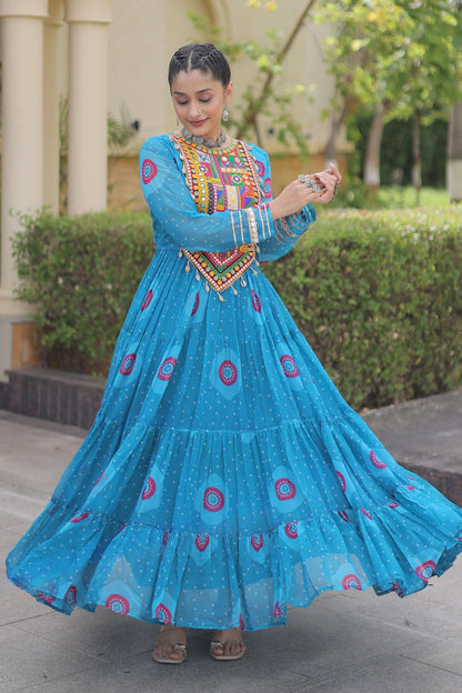 Faux Georgette Printed Stitched Gown In Blue Colour