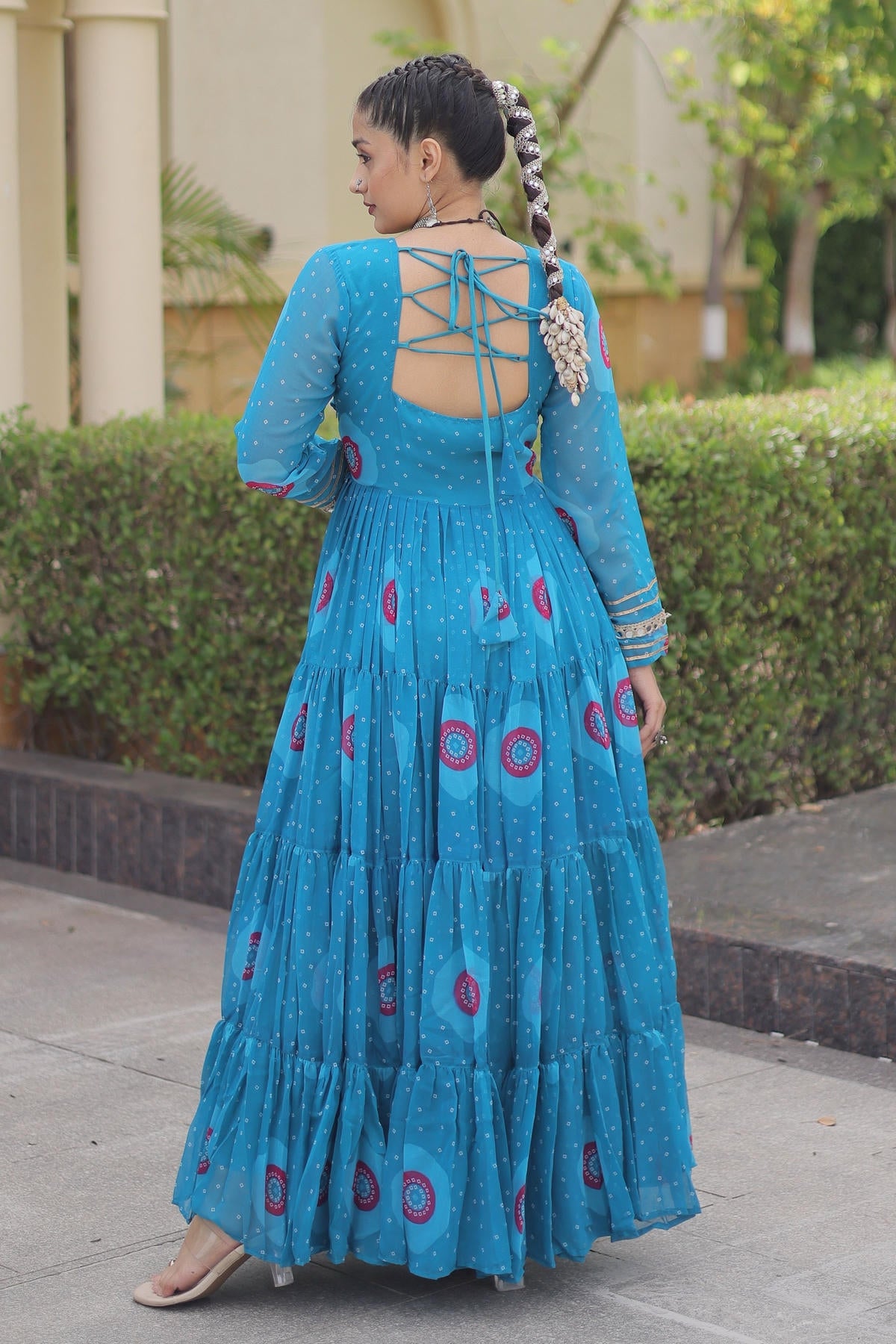 Faux Georgette Printed Stitched Gown In Blue Colour