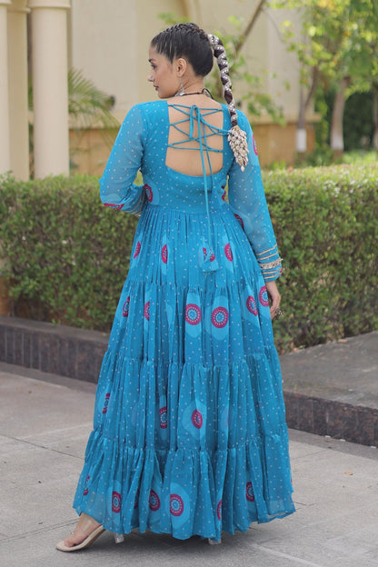 Faux Georgette Printed Stitched Gown In Blue Colour