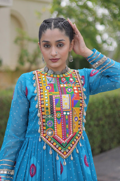 Faux Georgette Printed Stitched Gown In Blue Colour