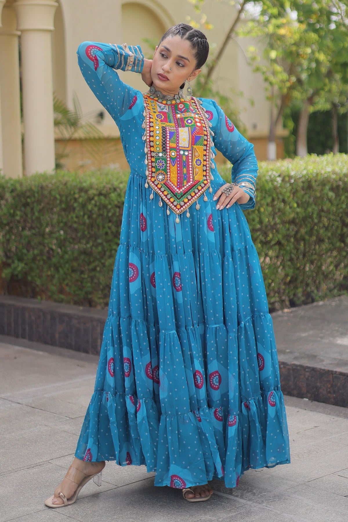 Faux Georgette Printed Stitched Gown In Blue Colour