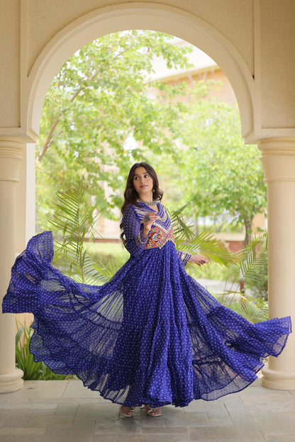 Faux Georgette Printed Stitched Gown In Blue Colour