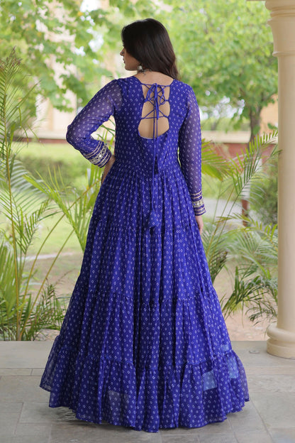 Faux Georgette Printed Stitched Gown In Blue Colour