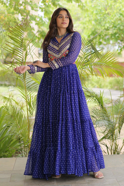 Faux Georgette Printed Stitched Gown In Blue Colour