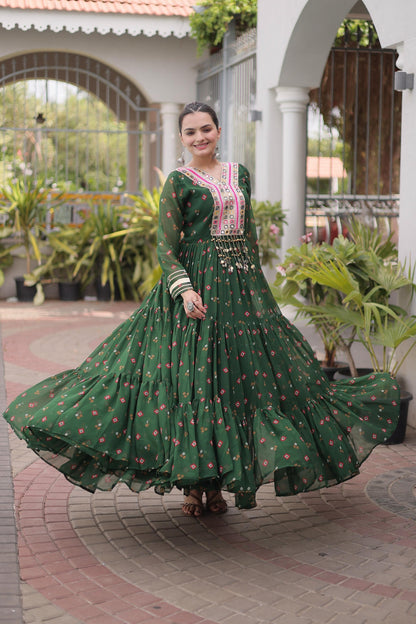 Faux Georgette Printed Stitched Gown In Green Colour