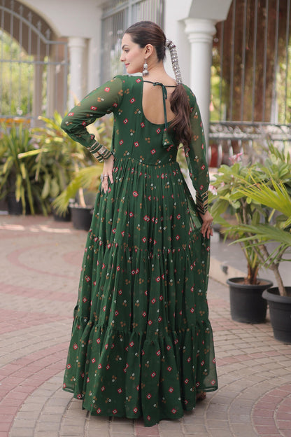 Faux Georgette Printed Stitched Gown In Green Colour