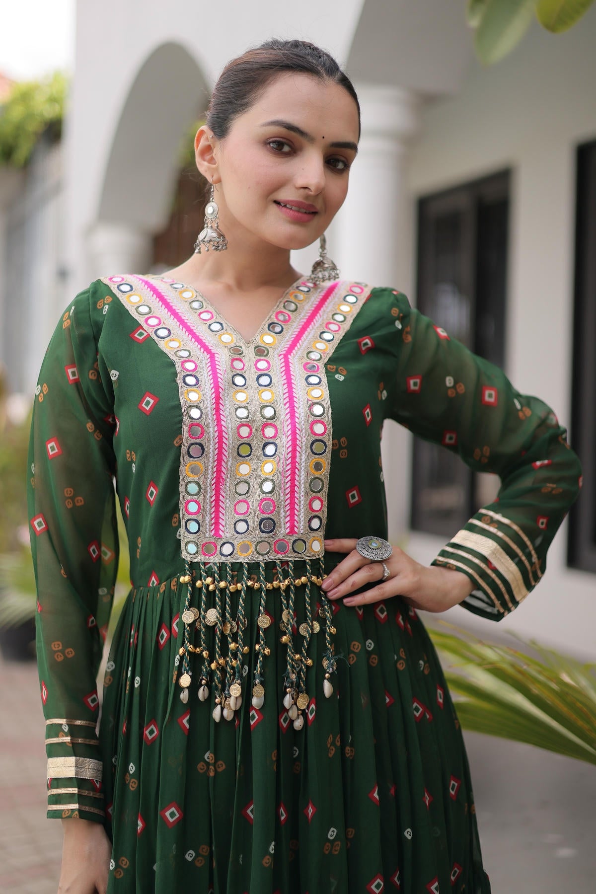 Faux Georgette Printed Stitched Gown In Green Colour