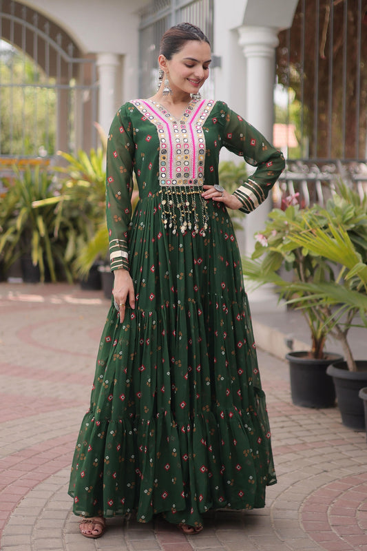 Faux Georgette Printed Stitched Gown In Green Colour
