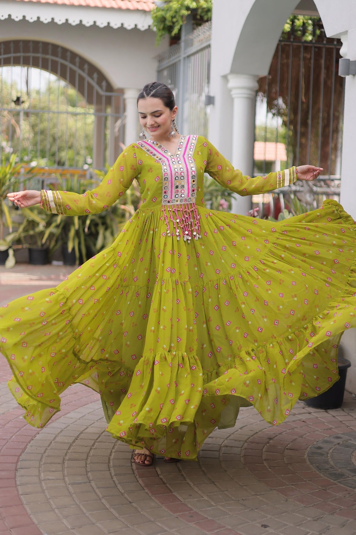 Faux Georgette Printed Stitched Gown In Parrot Green Colour