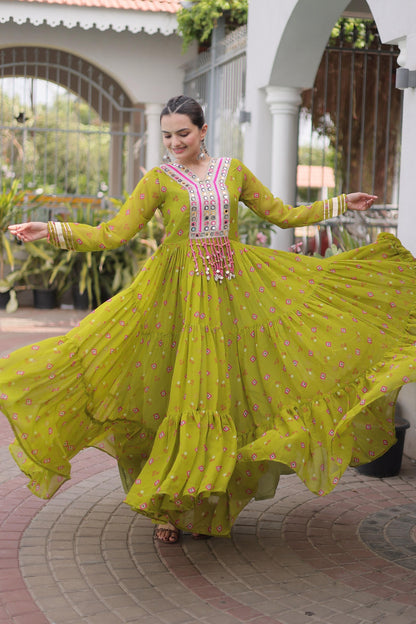 Faux Georgette Printed Stitched Gown In Parrot Green Colour