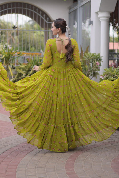Faux Georgette Printed Stitched Gown In Parrot Green Colour