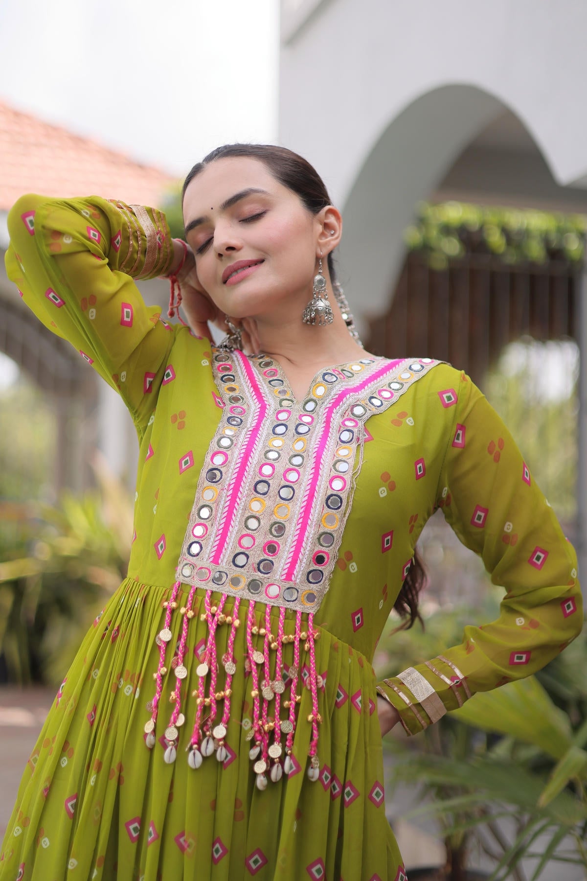 Faux Georgette Printed Stitched Gown In Parrot Green Colour
