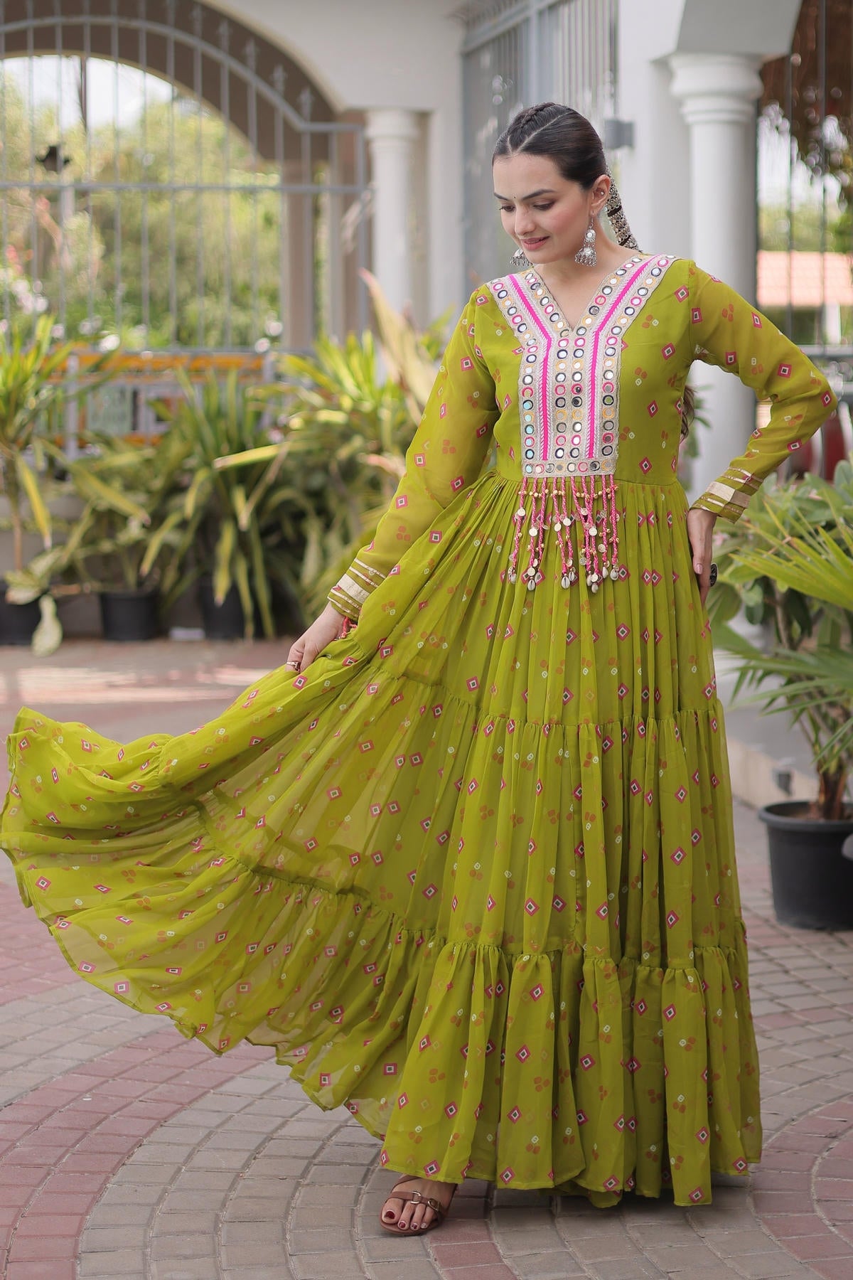 Faux Georgette Printed Stitched Gown In Parrot Green Colour