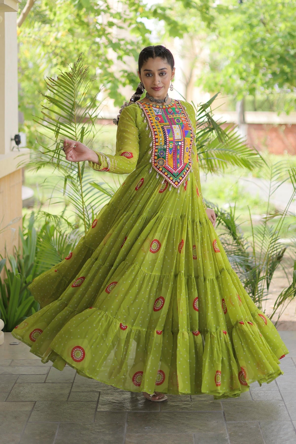 Faux Georgette Printed Stitched Gown In Perrot Green Colour
