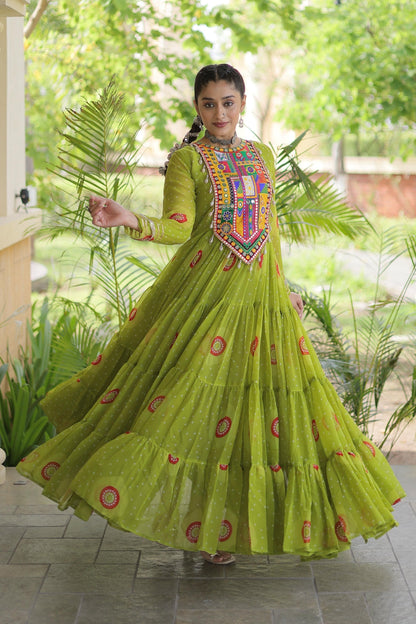 Faux Georgette Printed Stitched Gown In Perrot Green Colour