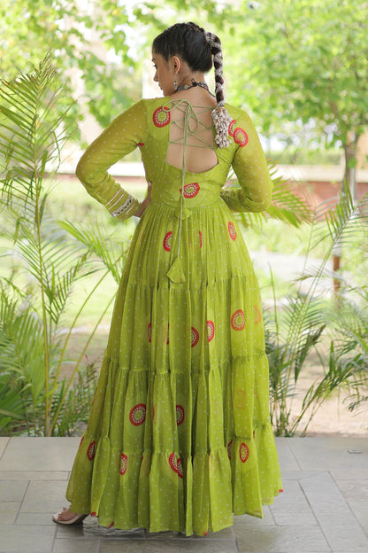 Faux Georgette Printed Stitched Gown In Perrot Green Colour