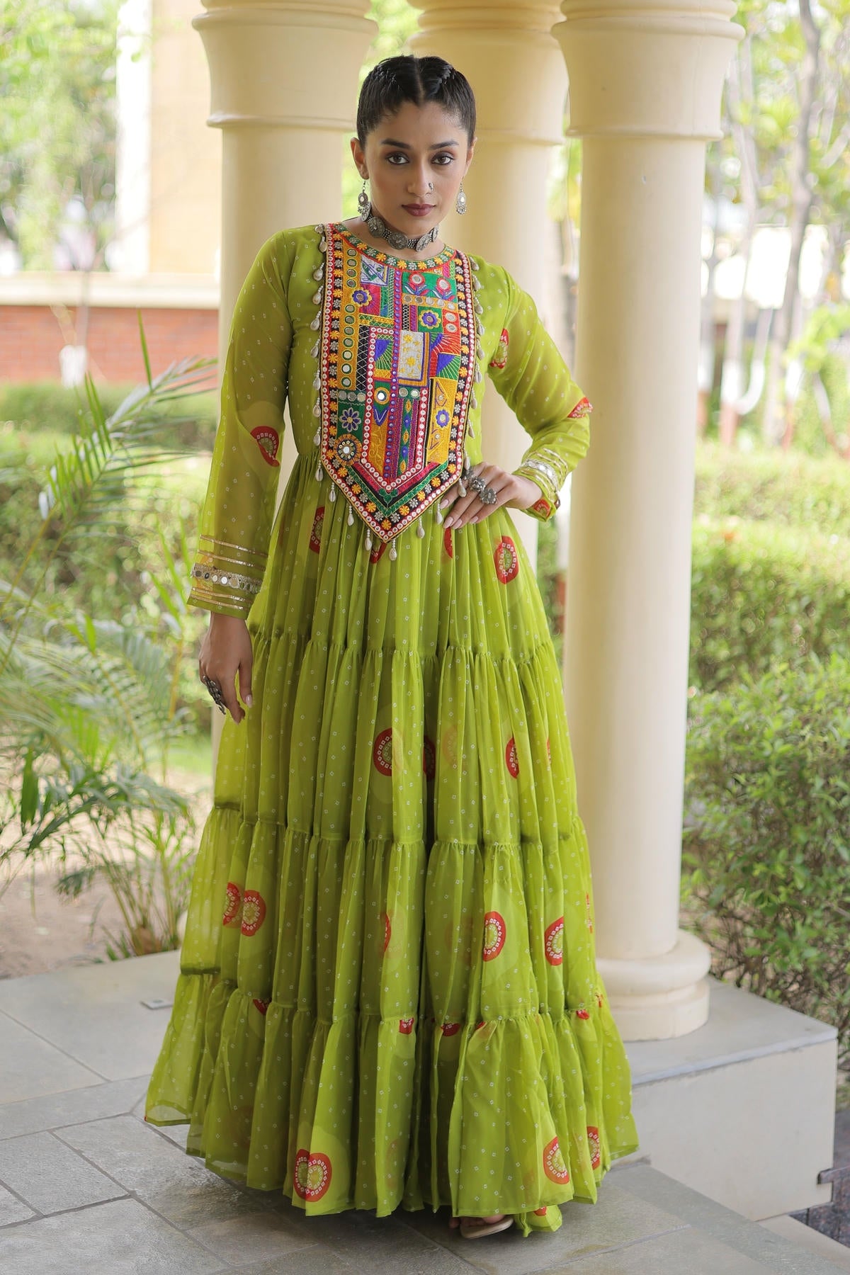 Faux Georgette Printed Stitched Gown In Perrot Green Colour