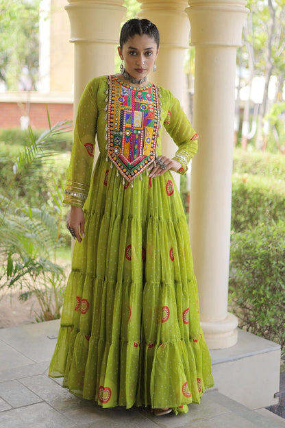 Faux Georgette Printed Stitched Gown In Perrot Green Colour