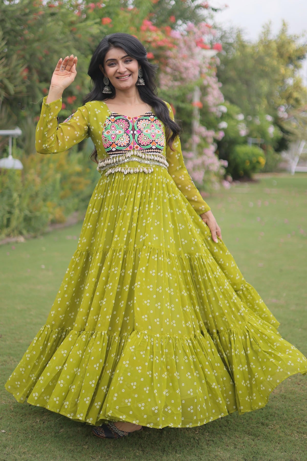 Faux Georgette Printed Stitched Gown In Perrot Green Colour