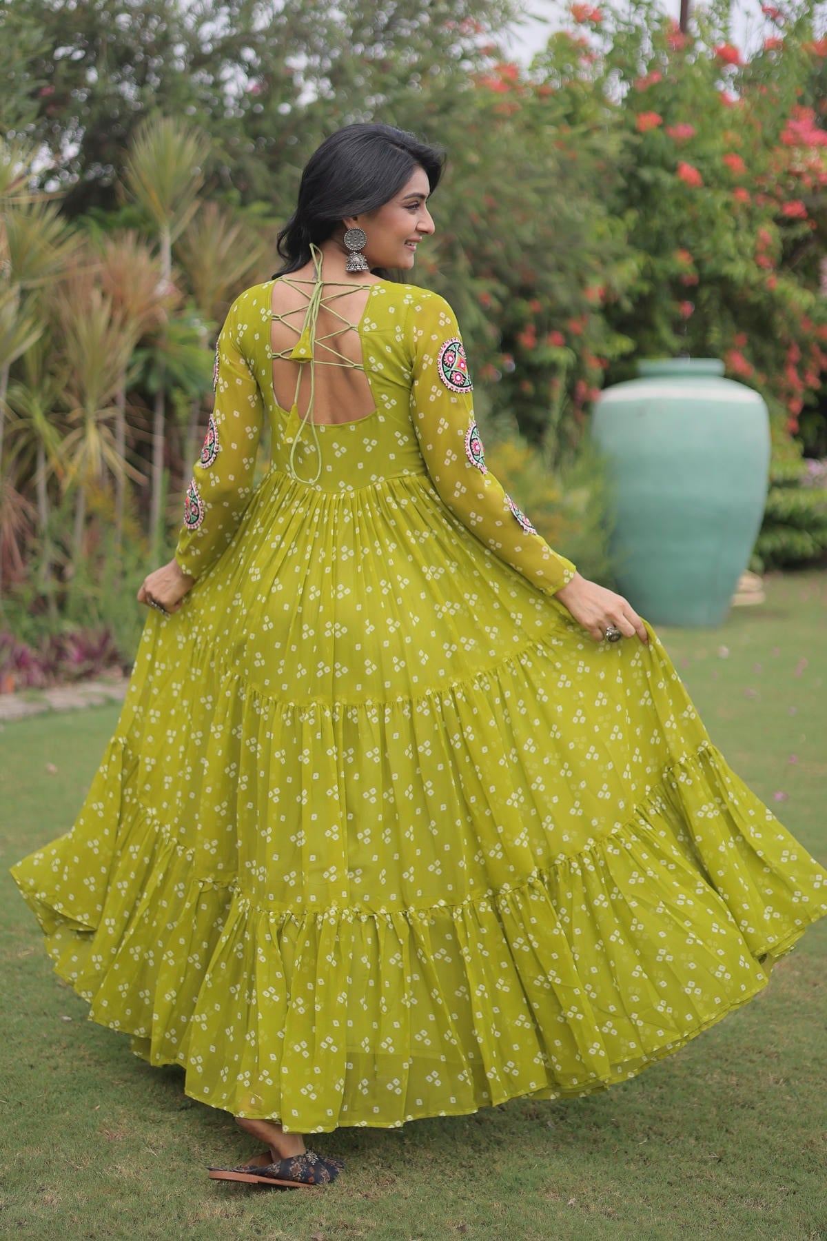 Faux Georgette Printed Stitched Gown In Perrot Green Colour