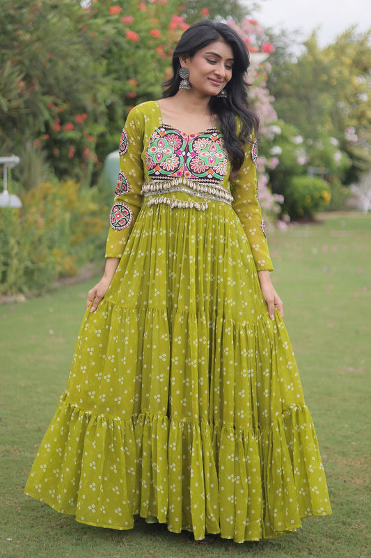 Faux Georgette Printed Stitched Gown In Perrot Green Colour