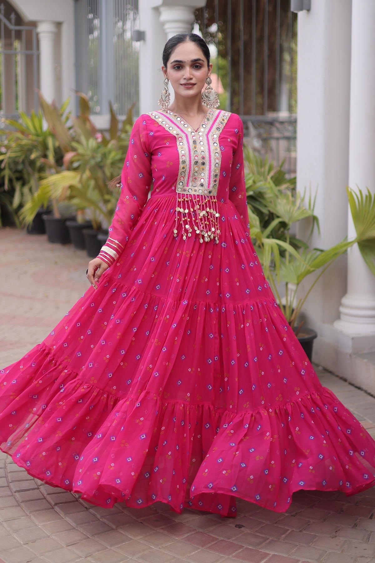 Faux Georgette Printed Stitched Gown In Pink Colour