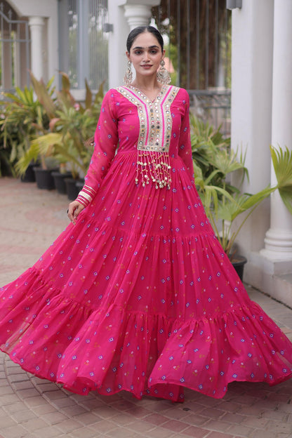 Faux Georgette Printed Stitched Gown In Pink Colour