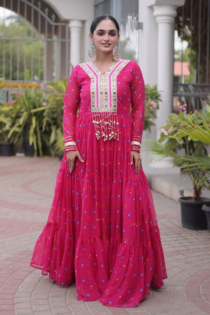 Faux Georgette Printed Stitched Gown In Pink Colour