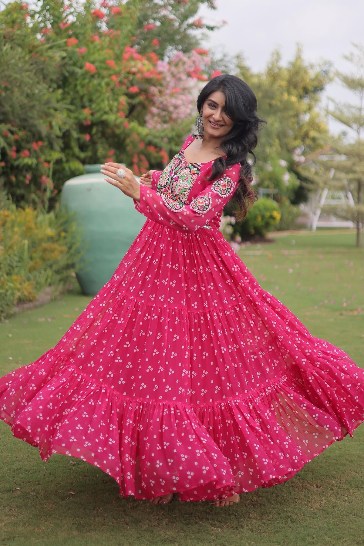 Faux Georgette Printed Stitched Gown In Pink Colour
