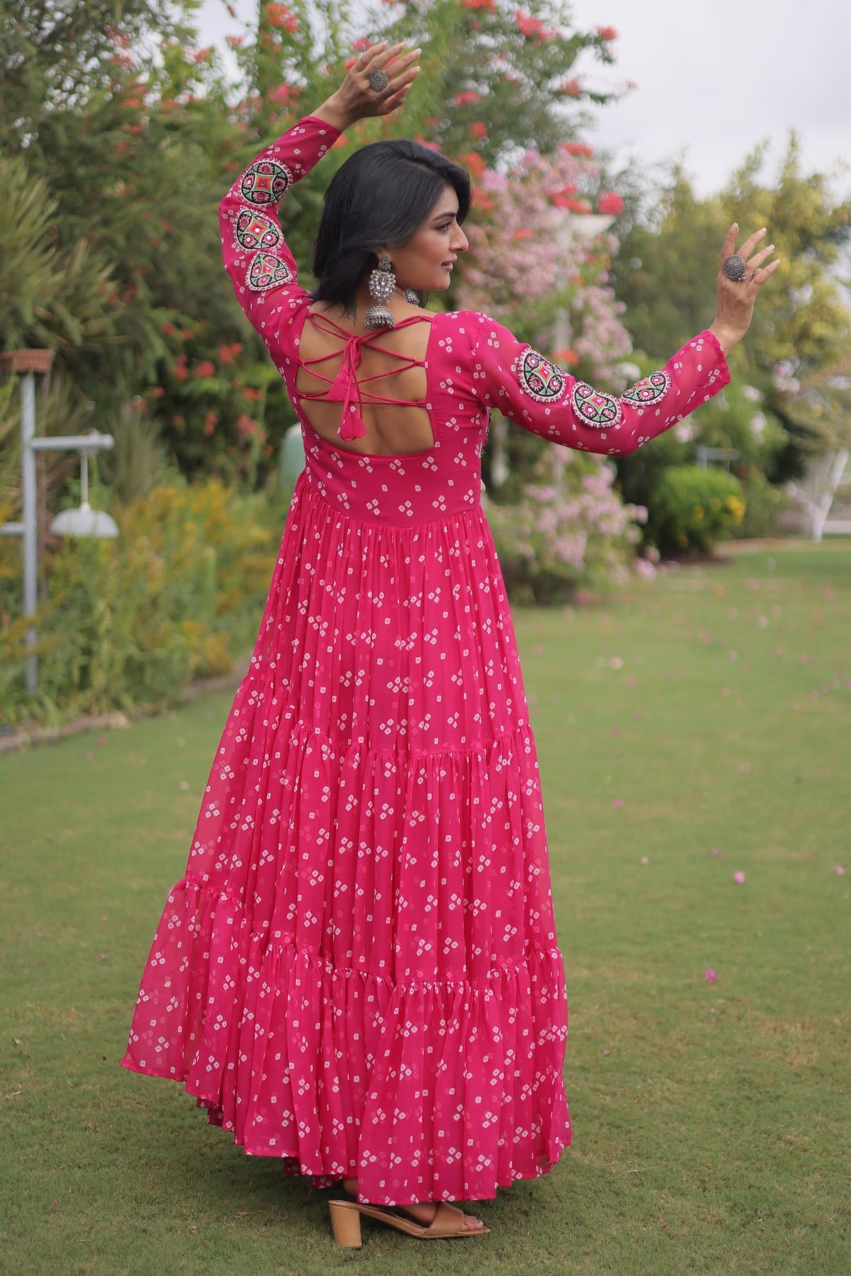 Faux Georgette Printed Stitched Gown In Pink Colour