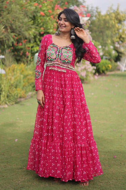 Faux Georgette Printed Stitched Gown In Pink Colour
