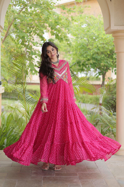 Faux Georgette Printed Stitched Gown In Pink Colour