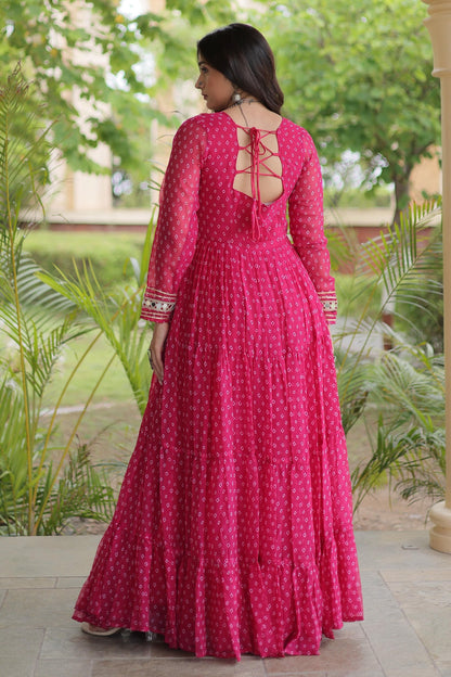 Faux Georgette Printed Stitched Gown In Pink Colour