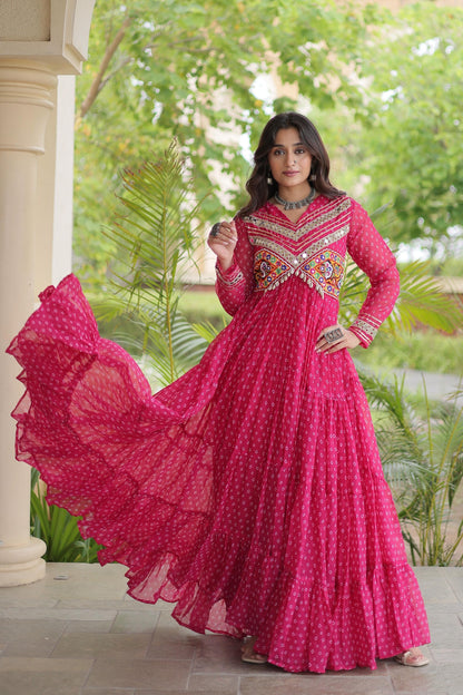 Faux Georgette Printed Stitched Gown In Pink Colour