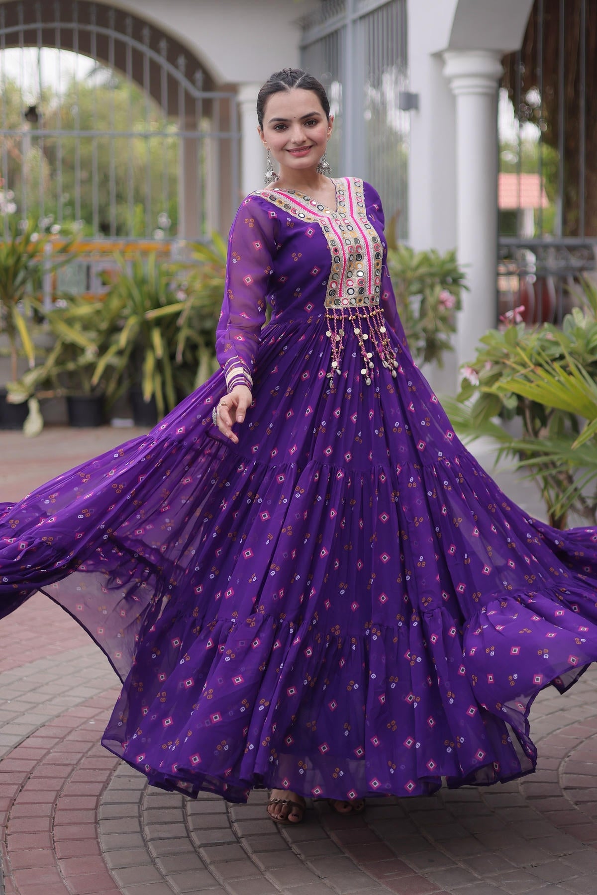 Faux Georgette Printed Stitched Gown In Purple Colour