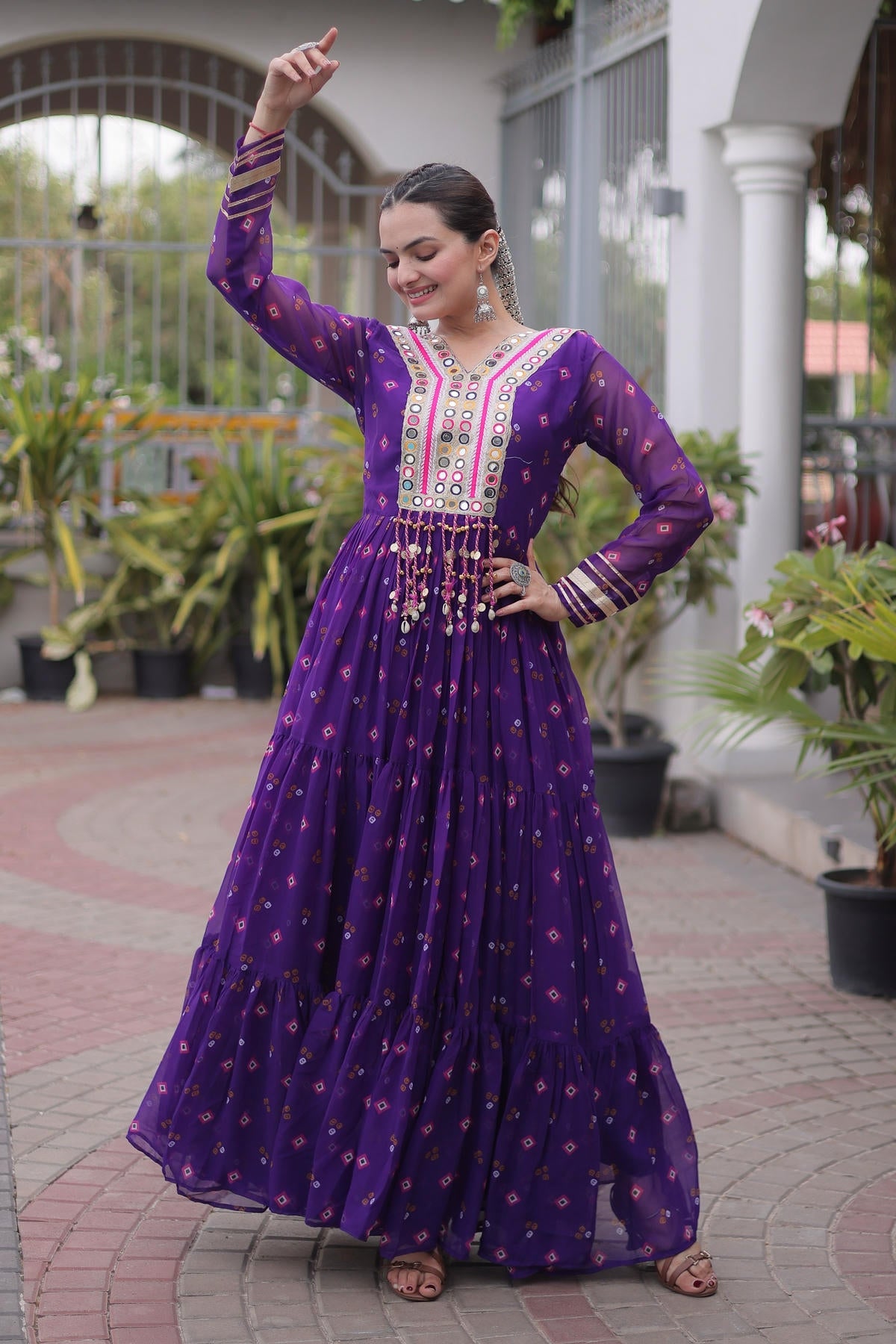 Faux Georgette Printed Stitched Gown In Purple Colour