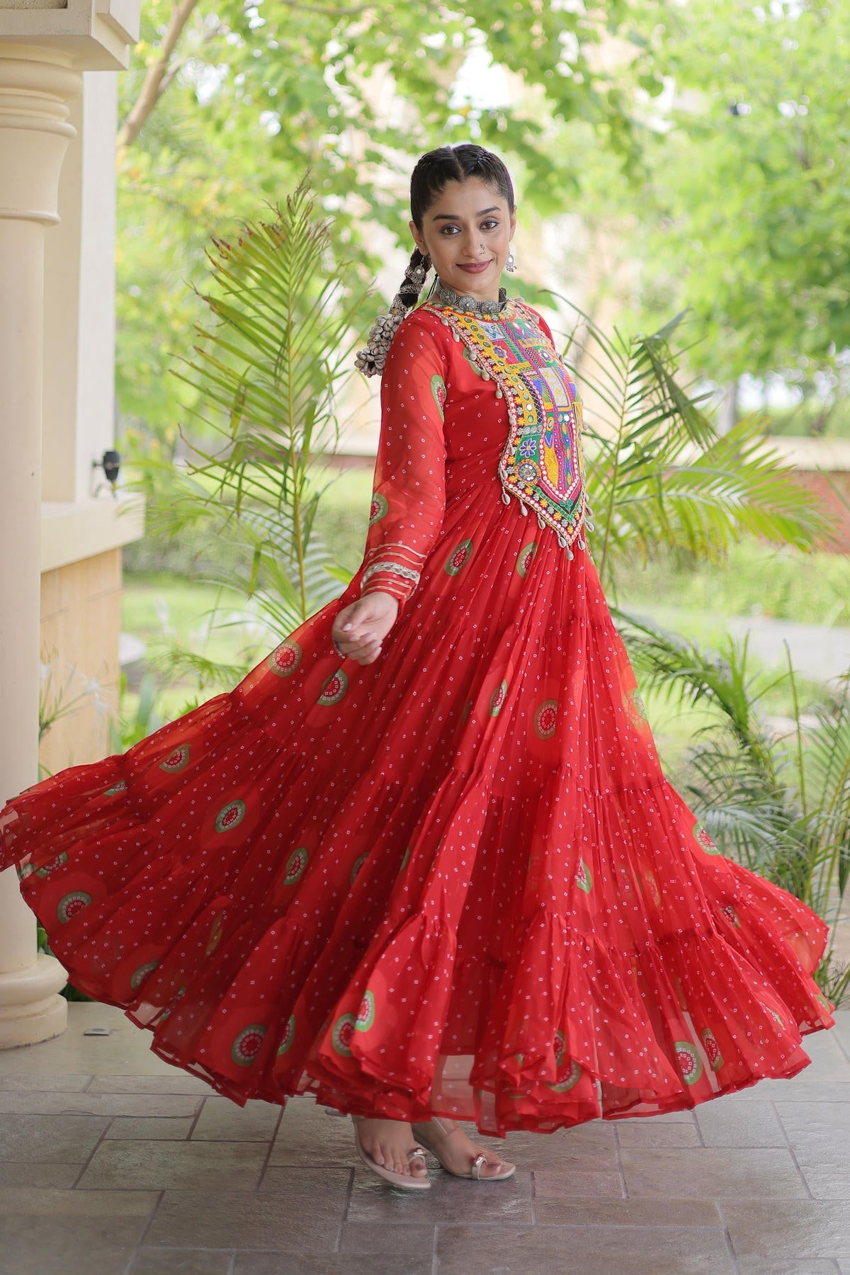 Faux Georgette Printed Stitched Gown In Red Colour