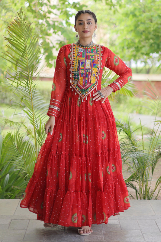 Faux Georgette Printed Stitched Gown In Red Colour