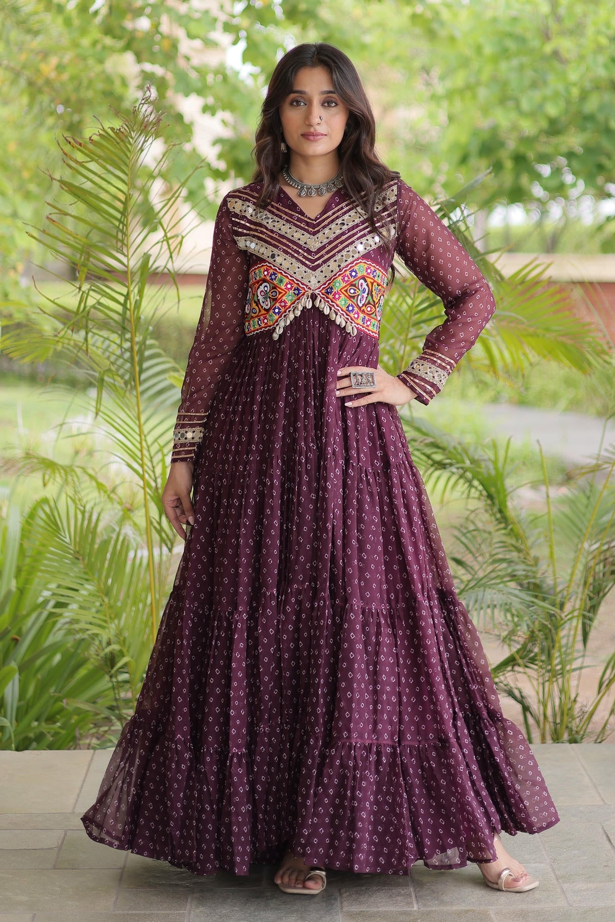 Faux Georgette Printed Stitched Gown In Wine Colour