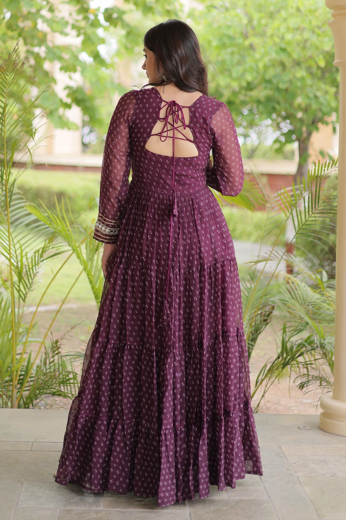 Faux Georgette Printed Stitched Gown In Wine Colour