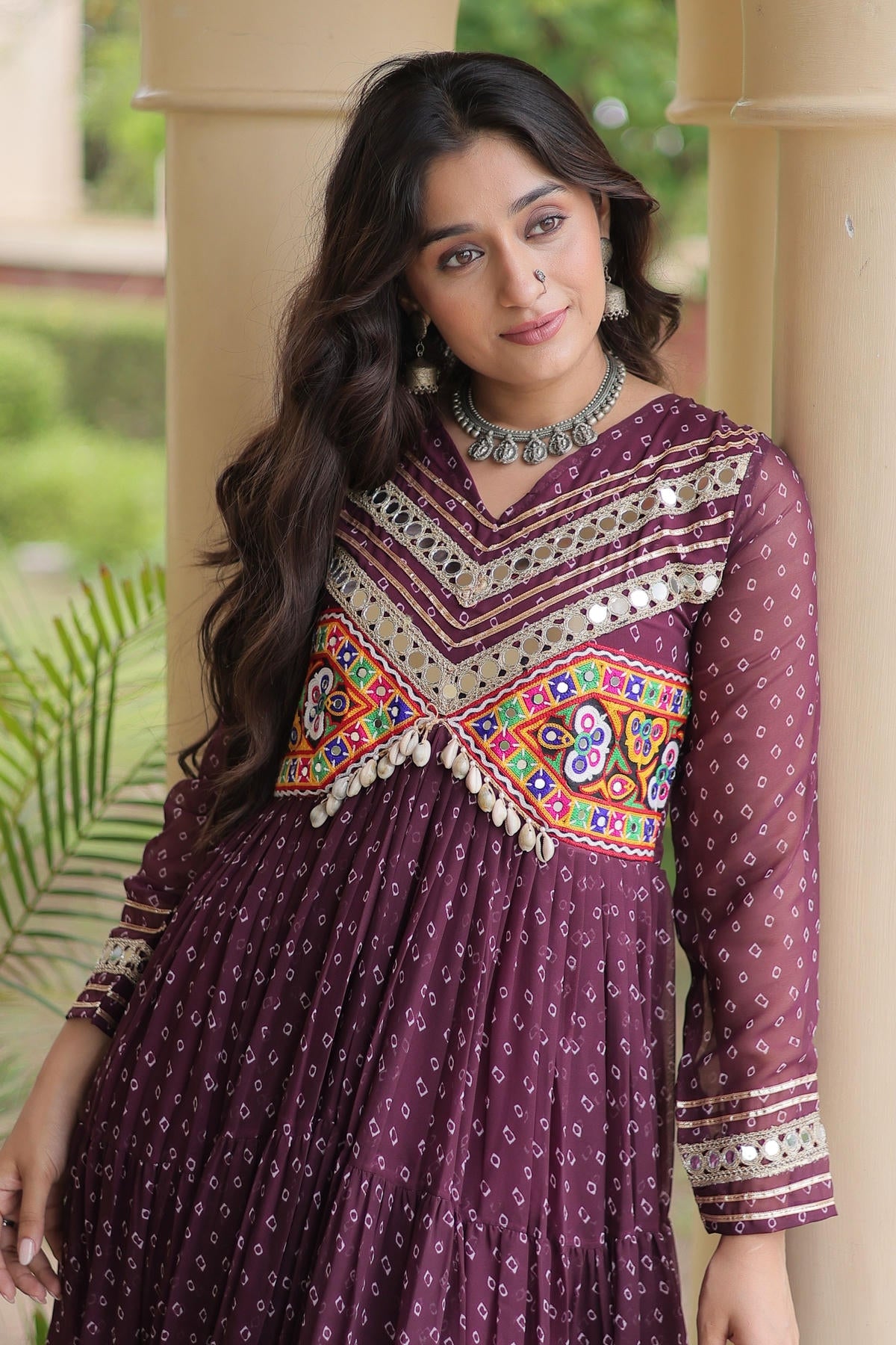 Faux Georgette Printed Stitched Gown In Wine Colour